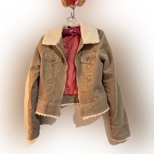 Little cotton-padded jacket with wool collar and striped velvet，Size : S